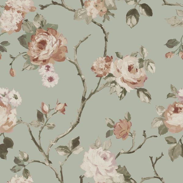 Estahome Vintage Bloemen Behang III - 0,53 x 10,05 m - Donkerblauw / Oudroze
