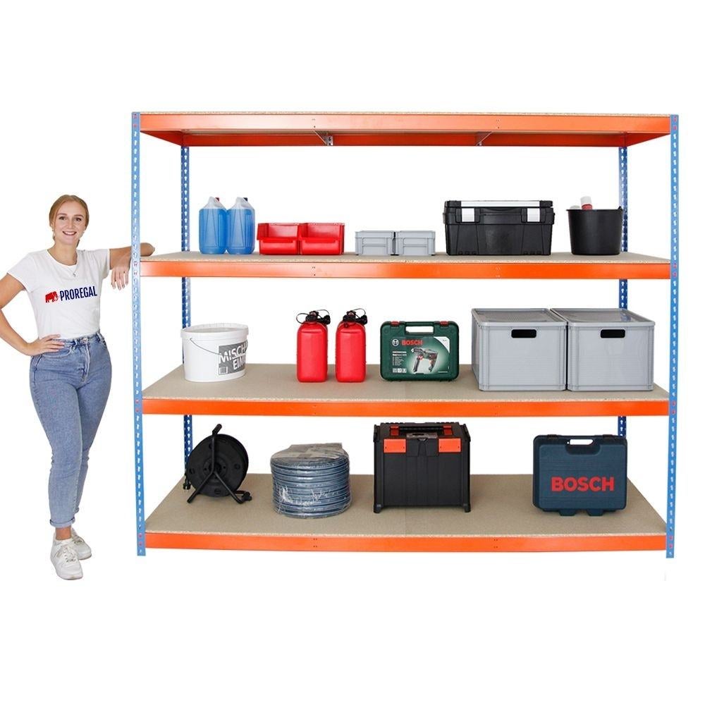 PROREGAL Heavy-Duty Stellingkast Wood Beast Four HxBxD 200 x 240 x 60 cm 4 Planken Plankdraagvermogen 400 kg Blauw-Oranje