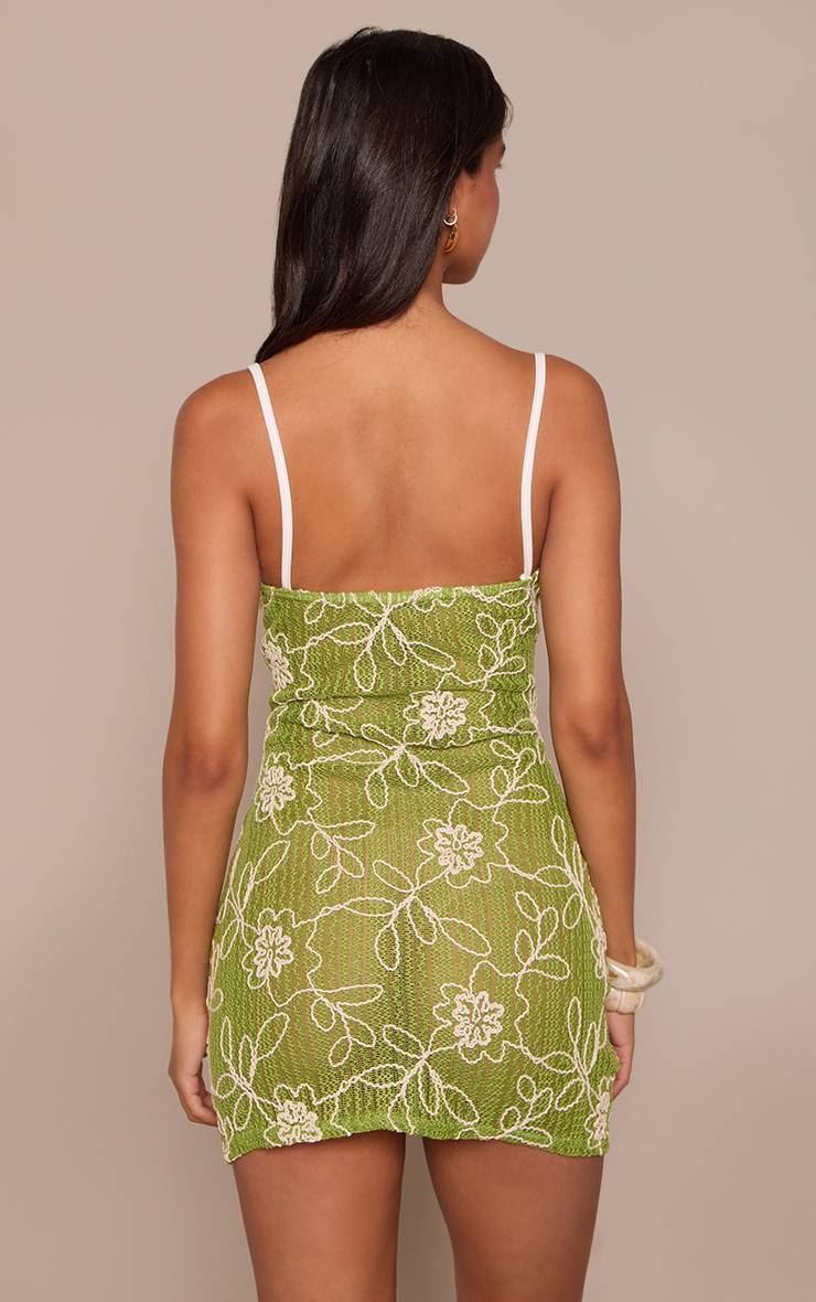 Vert Olive Robe Mini À Bretelles Encolure Droite Texturée À Motif Floral