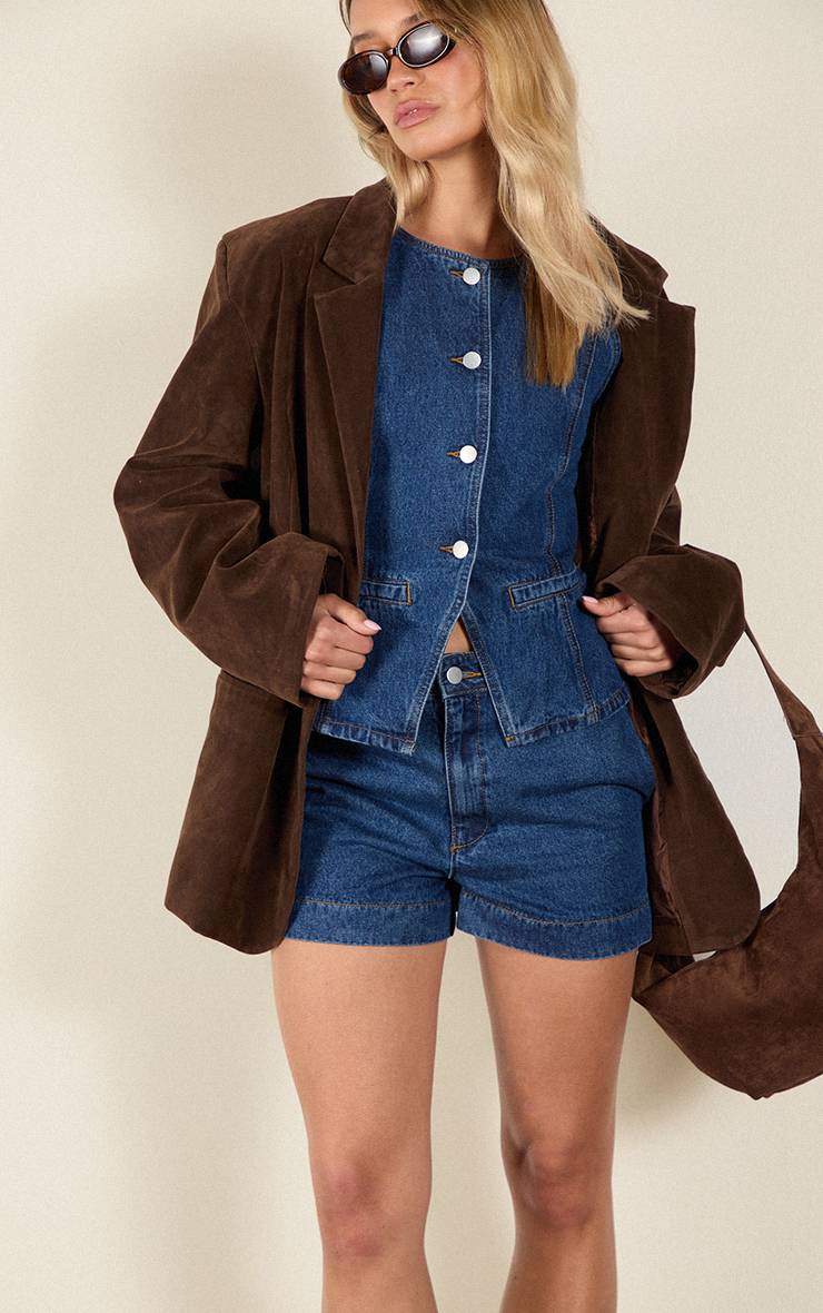 Bleu Foncé Short En Jean Tailleur Taille Haute
