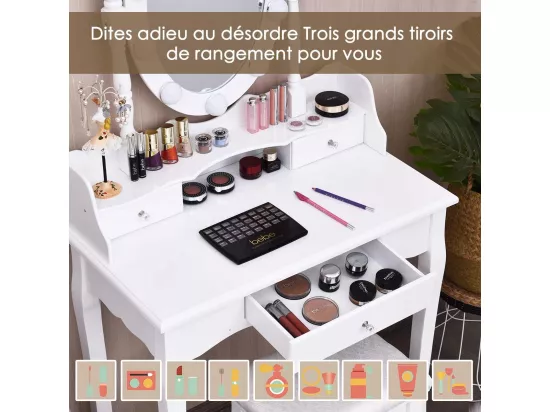 Coiffeuse avec Eclairage, Miroir Ovale, Pivotant à 360°, 10 Lumières, Tabouret Rembourré Inclus, avec 3 Tiroirs de Rangements, Blanc