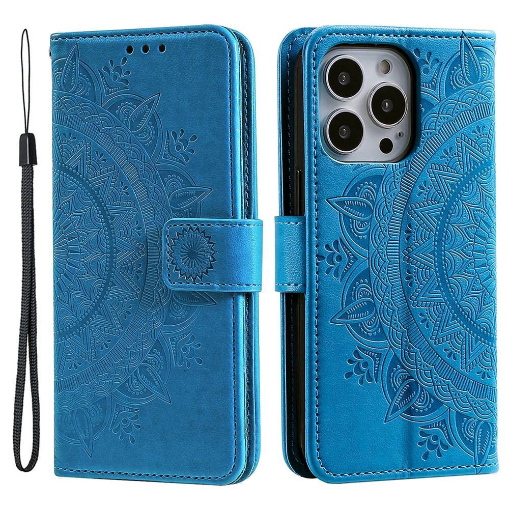 iPhone 14 Pro Leder Tasche Wallet - Mandala Flowers Imprint - Blau