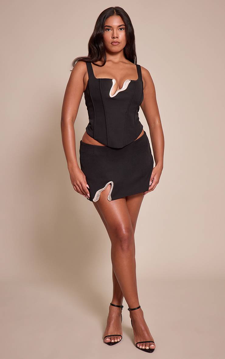 Noir Jupe Mini Co-ord Ajustée Shape Avec Bordure Ondulée En Diamants