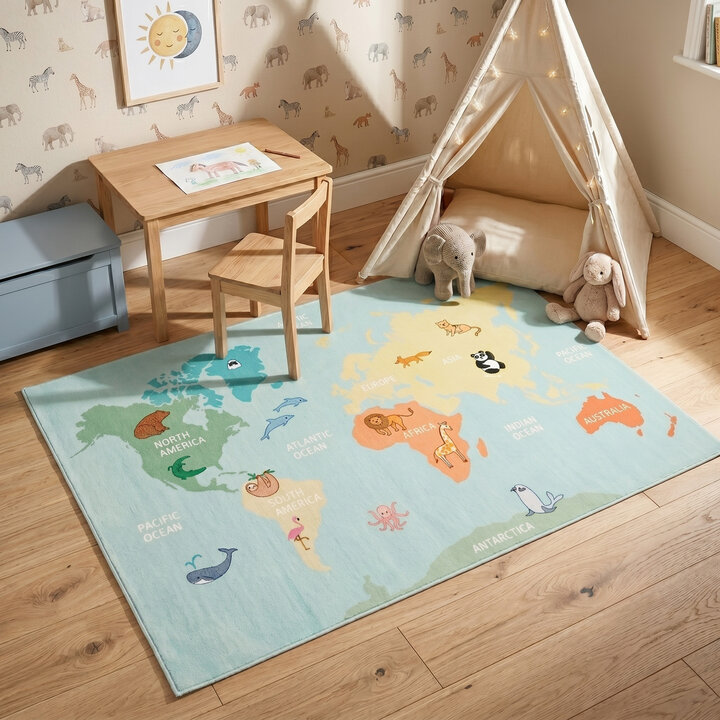 Kindervloerkleed - Globe Lichtblauw | Werelds plezier!