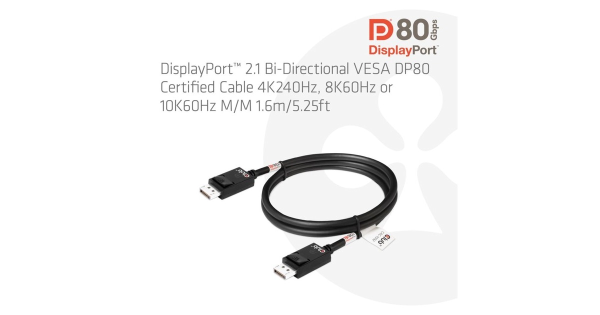 Club 3DDisplayPort 2.1 Bi-Directional VESA DP80 Certified kabel 4K 240 Hz  (1,6 meter)