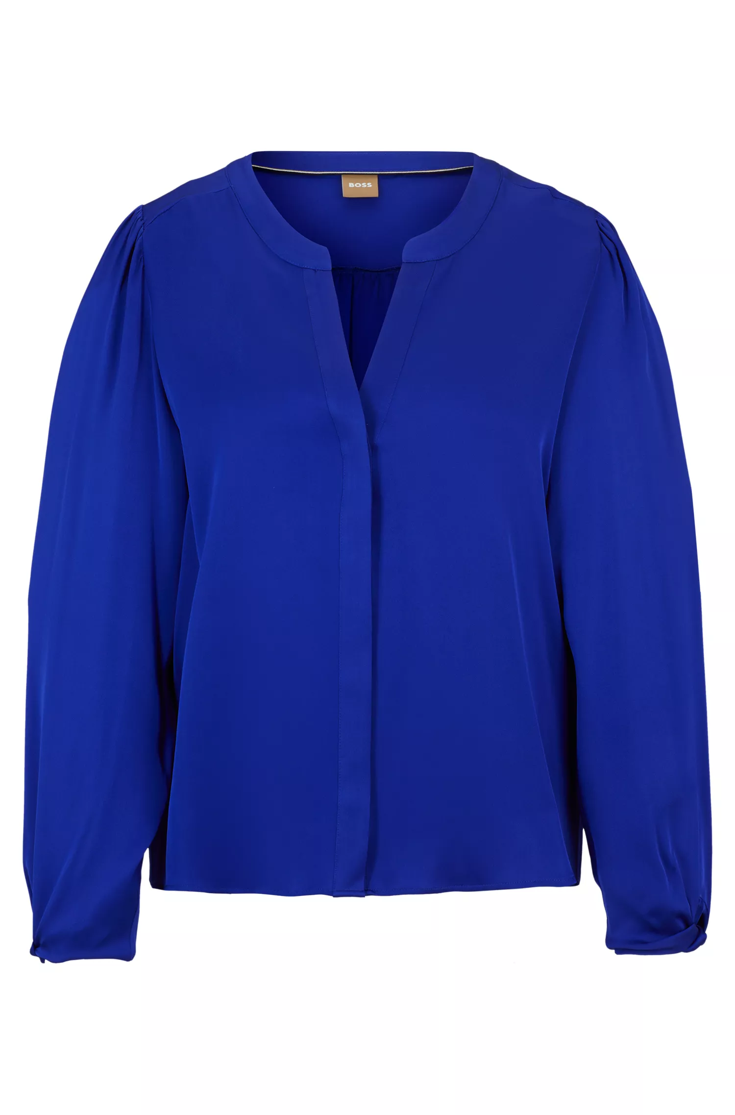 Blusa BOSS preta sem gola, modelagem solta, em seda elástica.