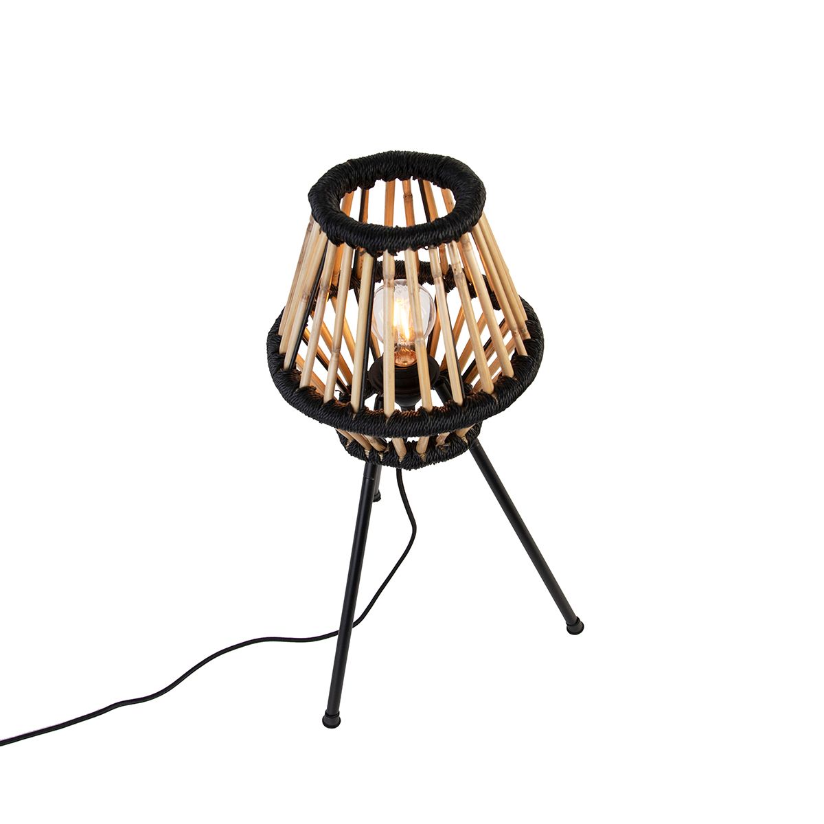 Landelijke tripod tafellamp bamboe met zwart - Evalin