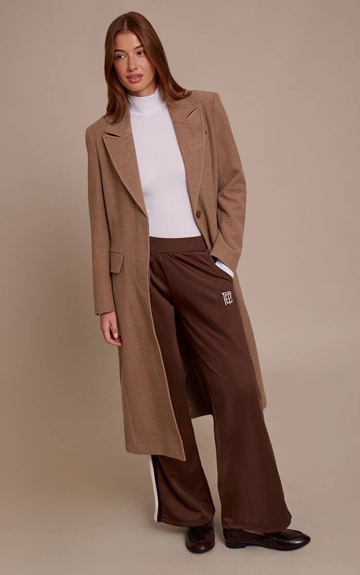 Taupe Manteau Long À Carreaux Aspect Laine Avec Détails De Coutures Et Boutonnage Simple