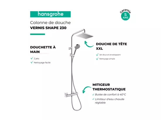 Colonne de douche thermostatique HANSGROHE Vernis Shape 230 chromé + tablette AddStoris