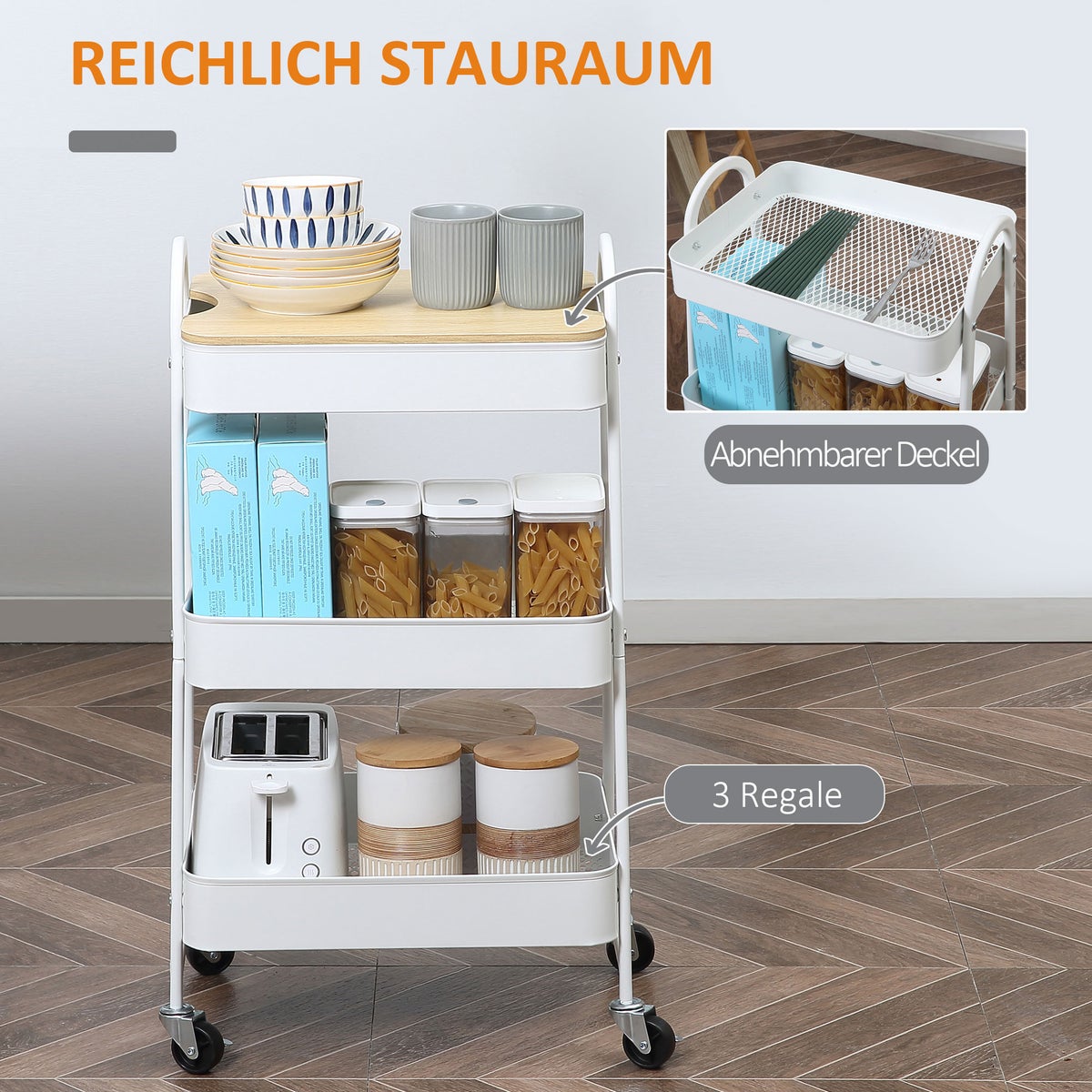 HOMCOM Keukentrolley, metalen rolwagen, metalen opbergwagen met 3 lagen, grote opbergruimte en deksel voor keuken en kantoor, opbergwagen, serveerwagen, keukenplank met wielen, staal, wit, 45 x 31 x 79,4 cm