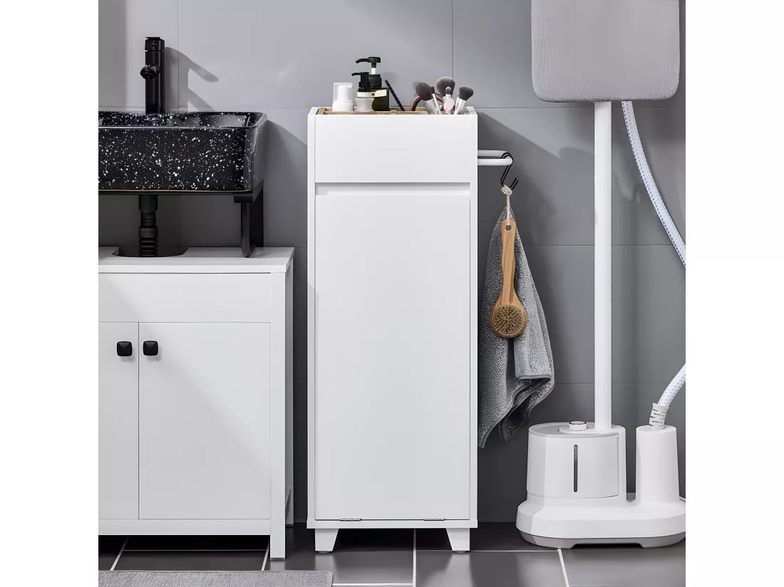 SoBuy Armoire à Linge Meuble Bas de Salle de Bain Corbeille à Linge Meuble de Rangement avec 4 Petits Compartiments Ouverts et 1 Panier à Linge Amovible, Blanc, 35x30x90 cm, BZR159-W