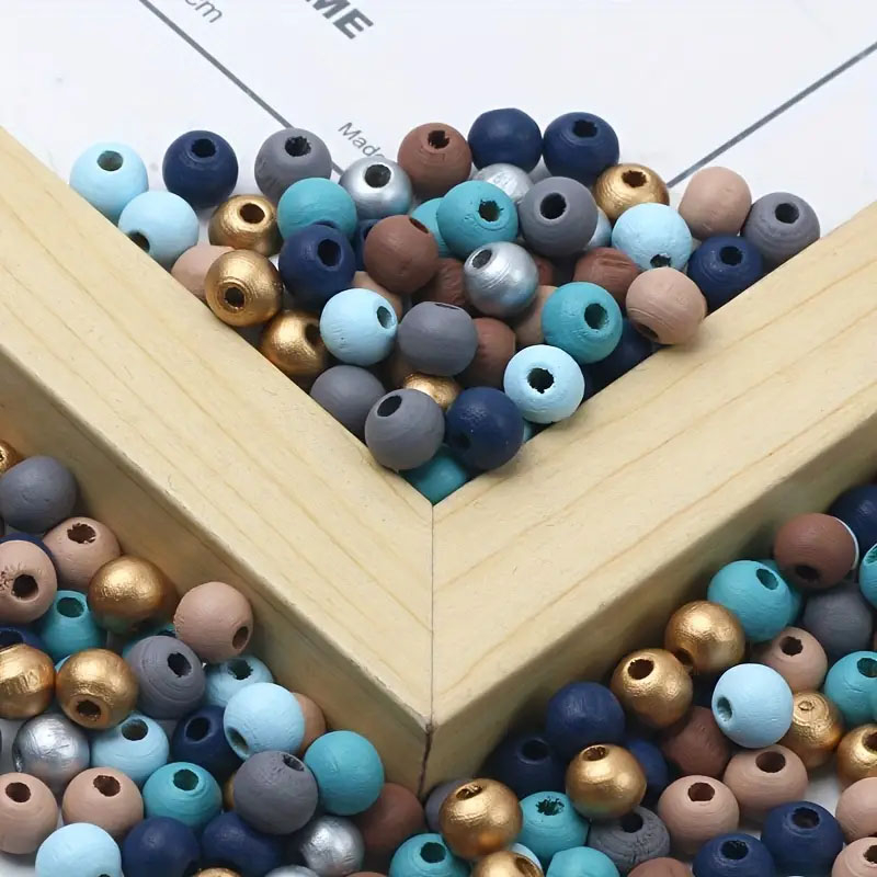 (100er Set) 8mm Holz Perlen DIY Bastel Schmuck Runde Zwischenperle für Armband / Kette - Blau / Braun / Silber