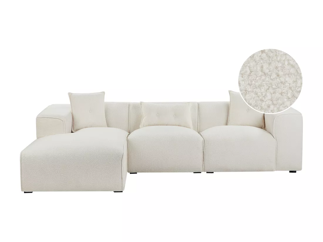 Canapé angle à gauche en tissu bouclé blanc cassé DOLVA
