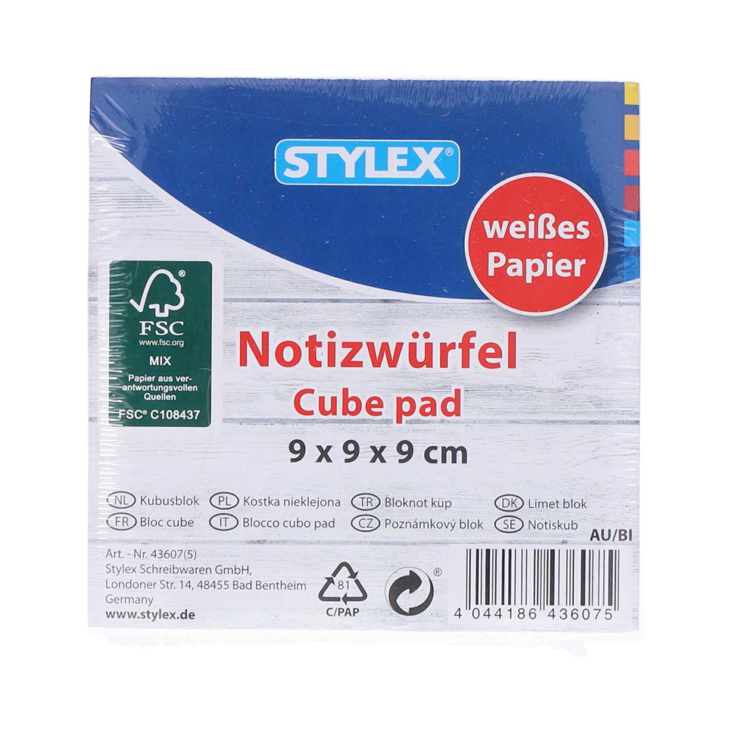 STYLEX® Notizwürfel Notizzettelblock geleimt weiß 9 x 9 x9 cm 1000 Blatt