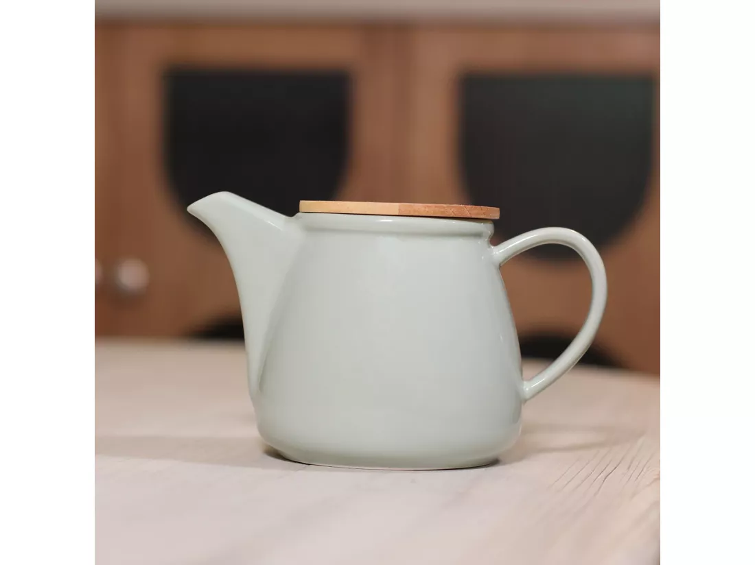 Novastyl - Theiere Anna 500ml En Gres Celadon Avec Couvercle En Hevea