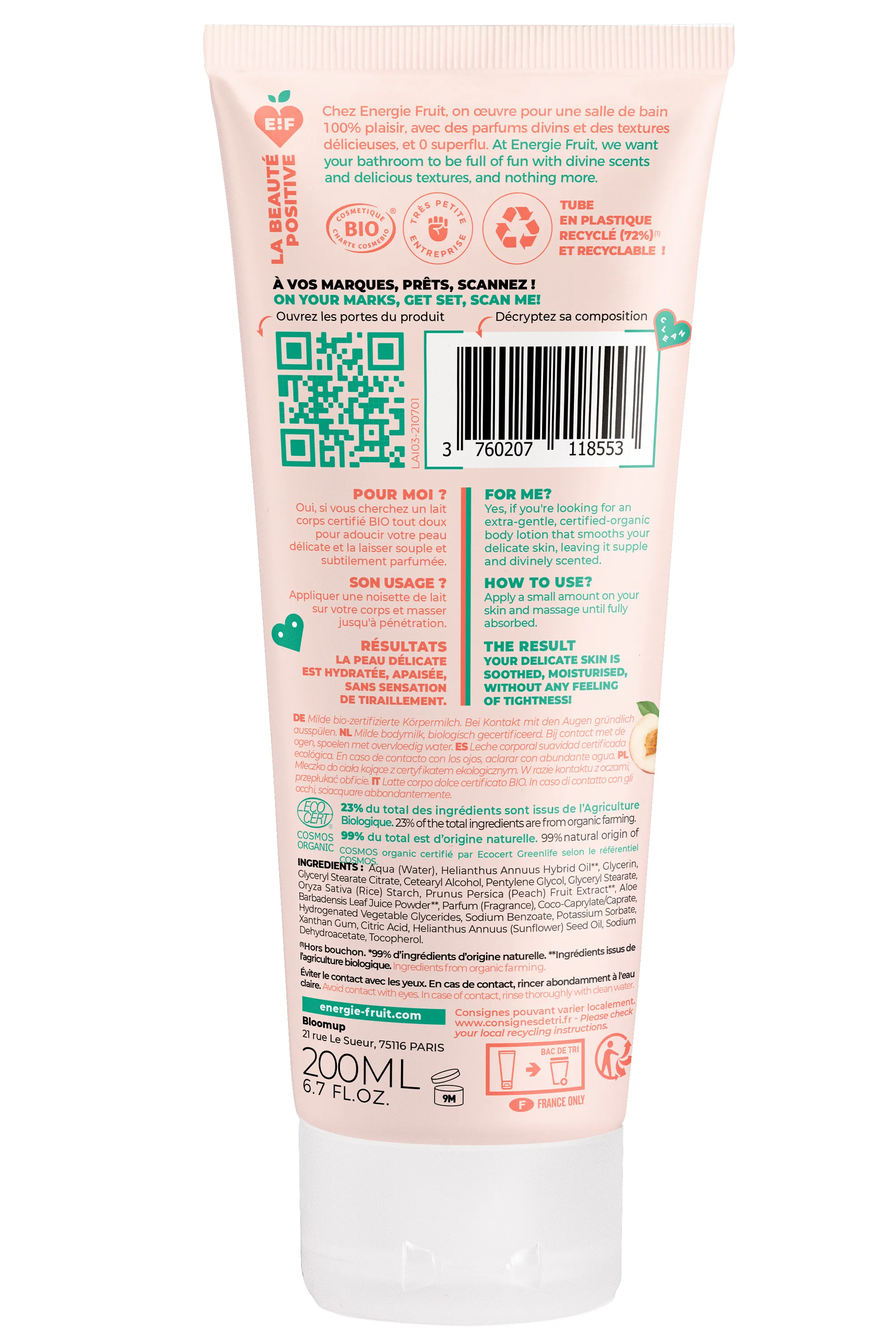 Energie Fruit Lait corps pêche blanche & eau de riz-200 ml