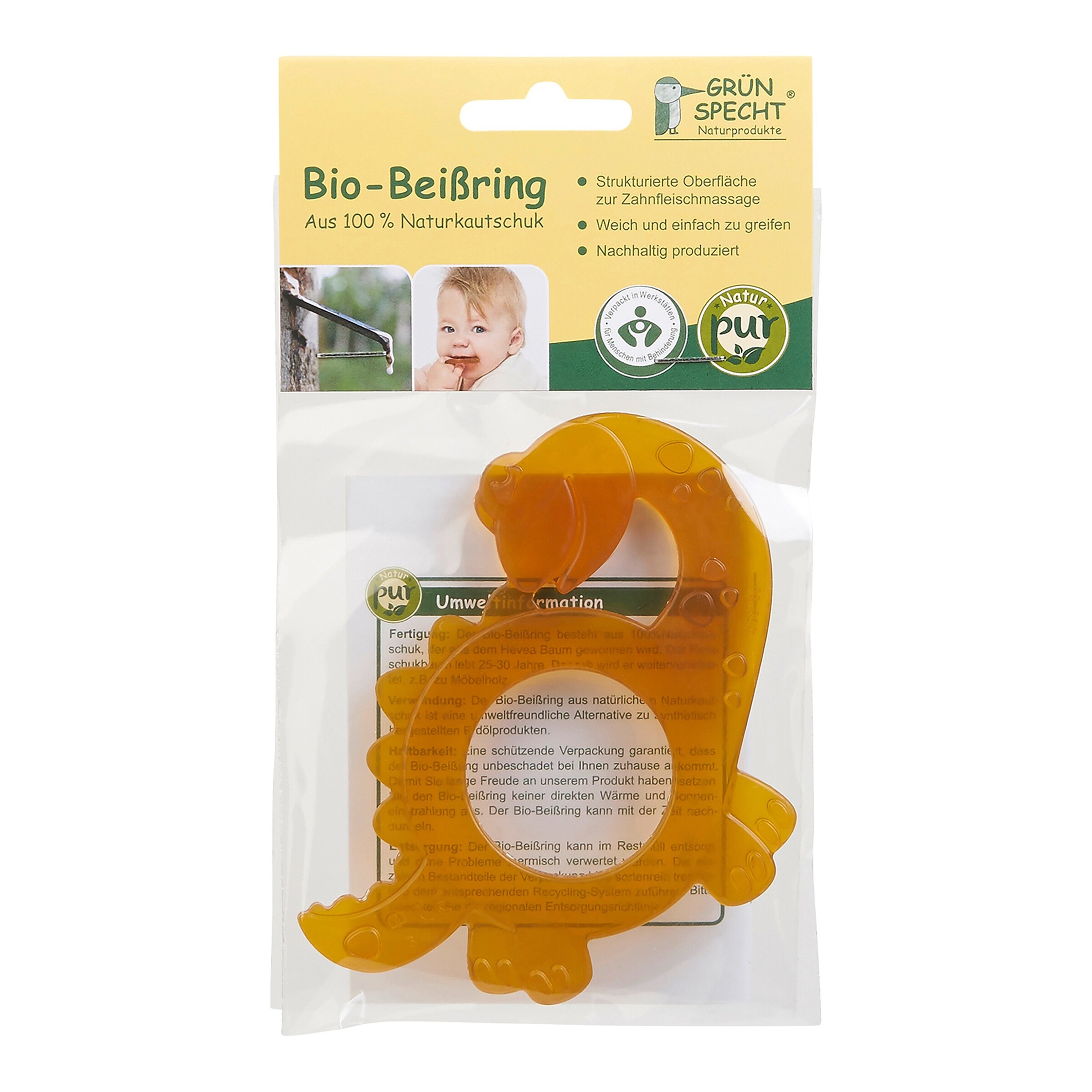 Grünspecht Bio-Beißring aus Naturkautschuk honig / Dinosaurier