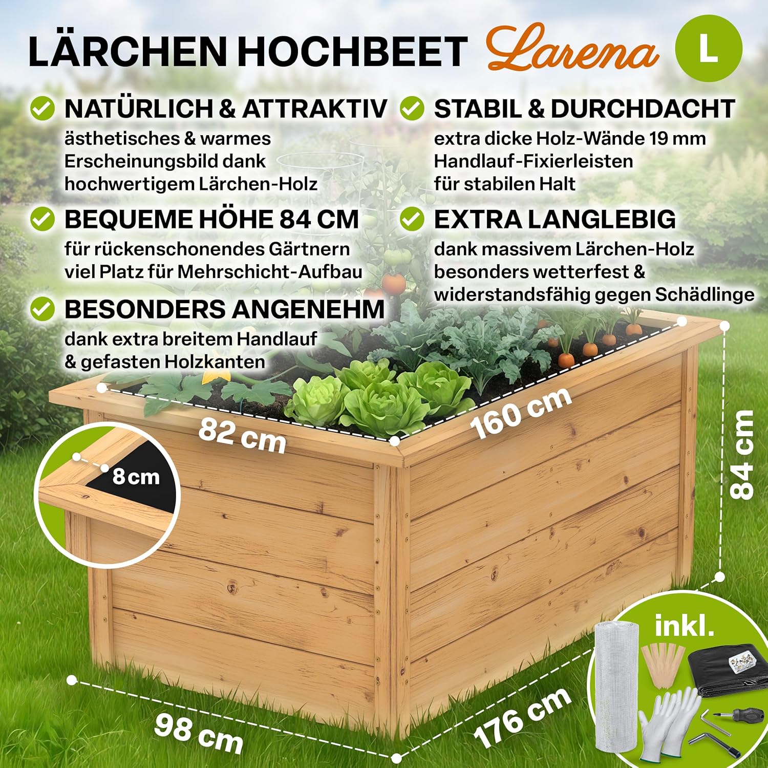 TTL GARDEN Lärchen-Hochbeet LARENA L 170x90x84cm - Garten Hochbeet aus Lärchen Holz - Hochbeet Kit & Kräuterbeet Set Bausatz mit Wühlmausgitter Lärchenholz wetterfest - für Gemüse Kräuter & Blumen