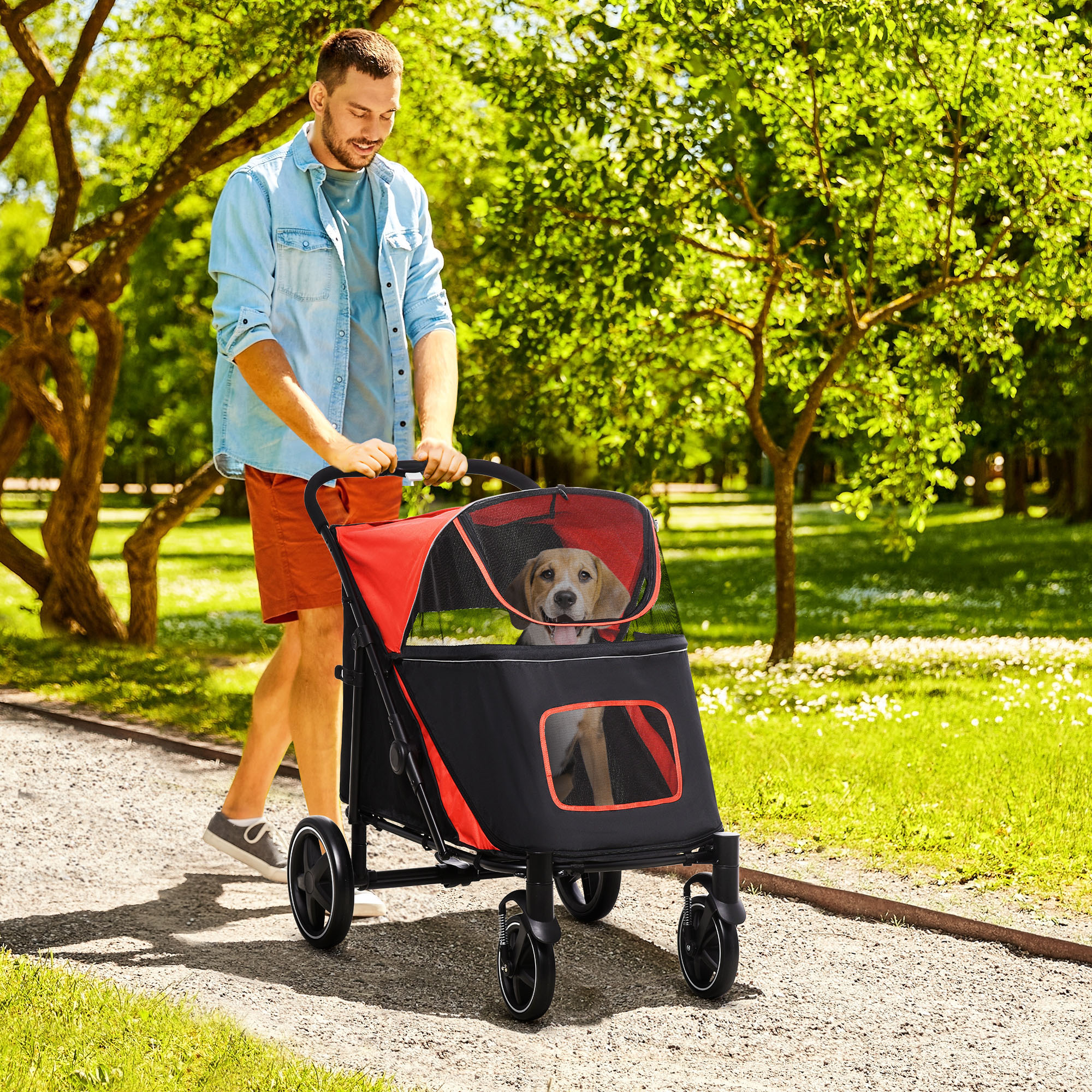 Carrinho dobrável para cães PawHut, com janelas de tela, cintos de segurança, bolsos de armazenamento, capacidade de carga de 40 kg, 112 x 65 x 100 cm, vermelho.