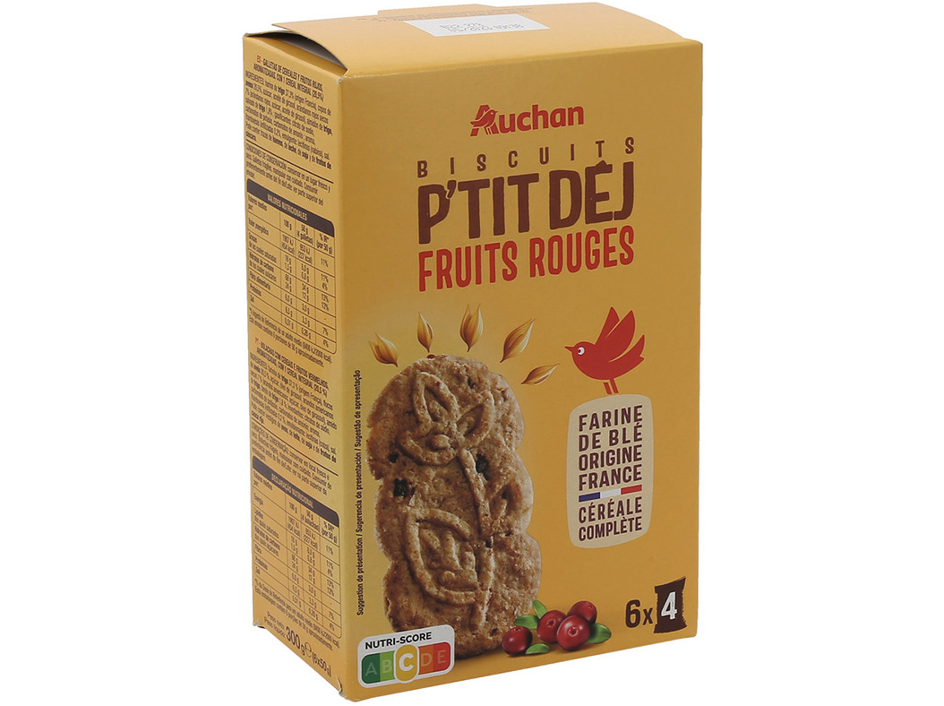 BOLACHA AUCHAN PEQUENO ALMOÇO CEREAIS FRUTOS VERMELHOS 6 SAQUETAS 300 G