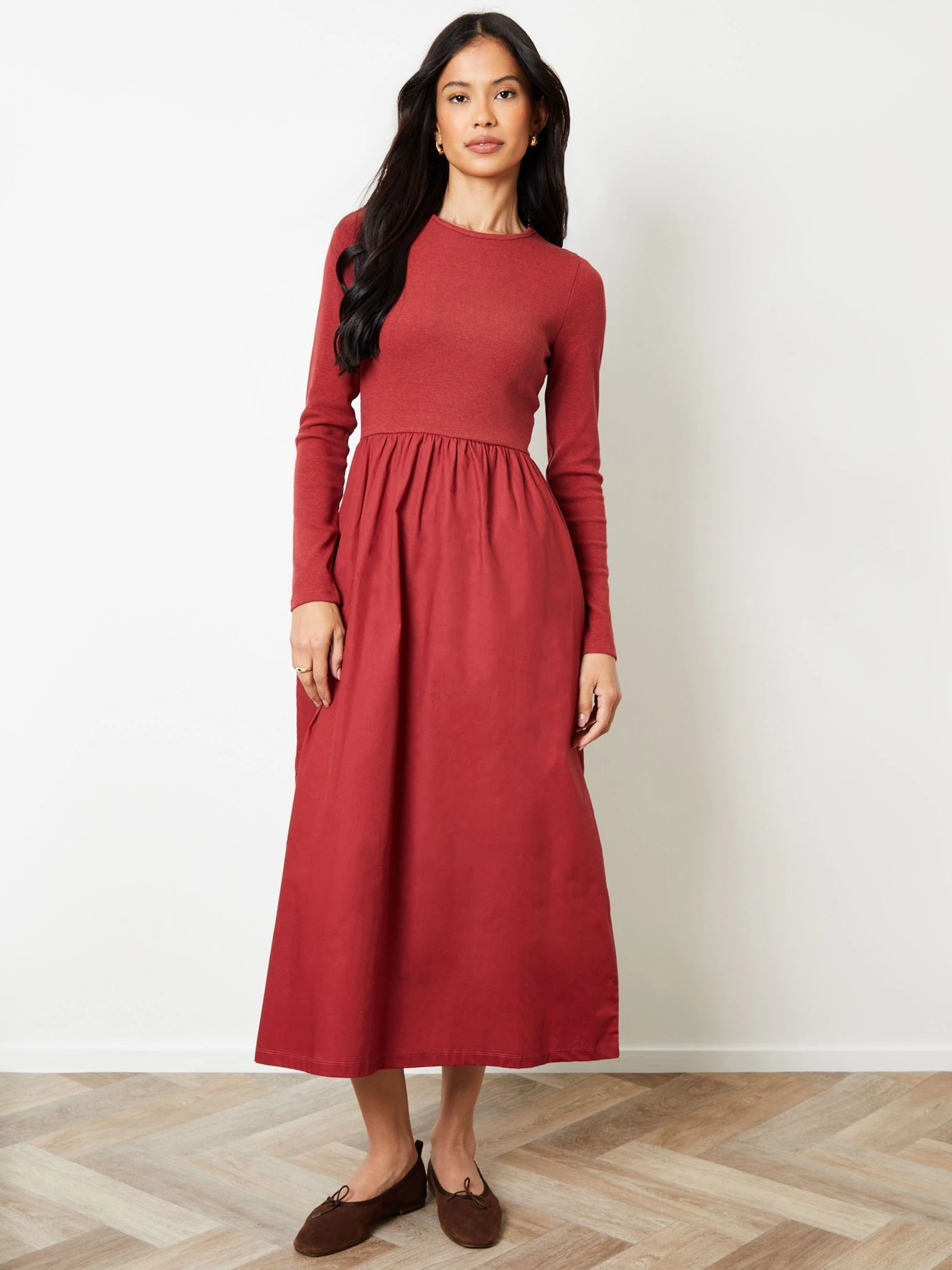 Roestbruin - Threadbare geribbelde jersey 2-in-1 midi-jurk met poplin rok