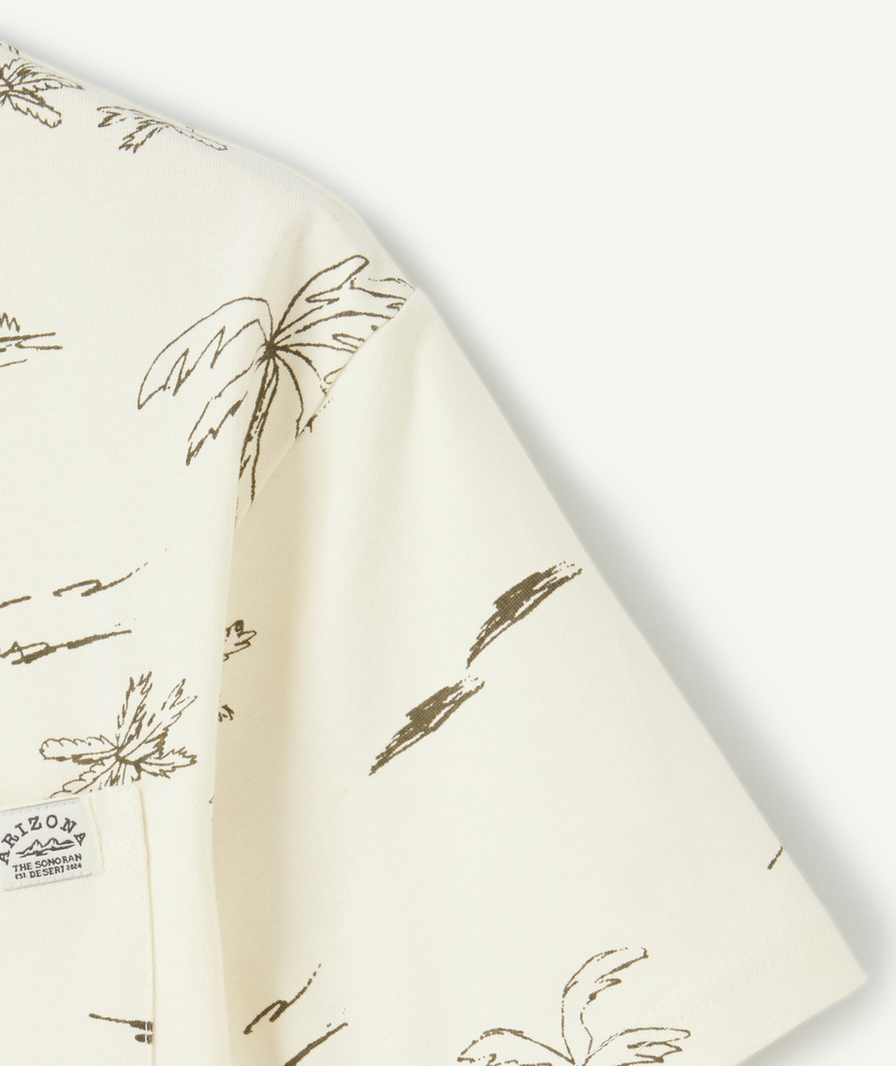 t-shirt manches courtes garçon en coton bio écru avec imprimé palmiers