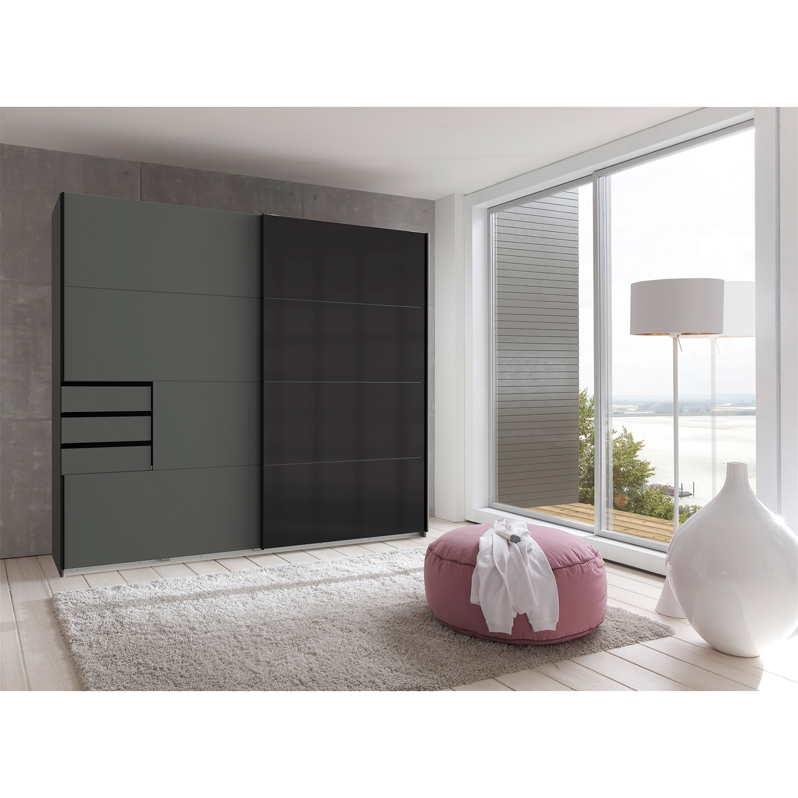 Schwebetürenschrank - graphit-schwarz - 3 Schubkästen - 225 cm