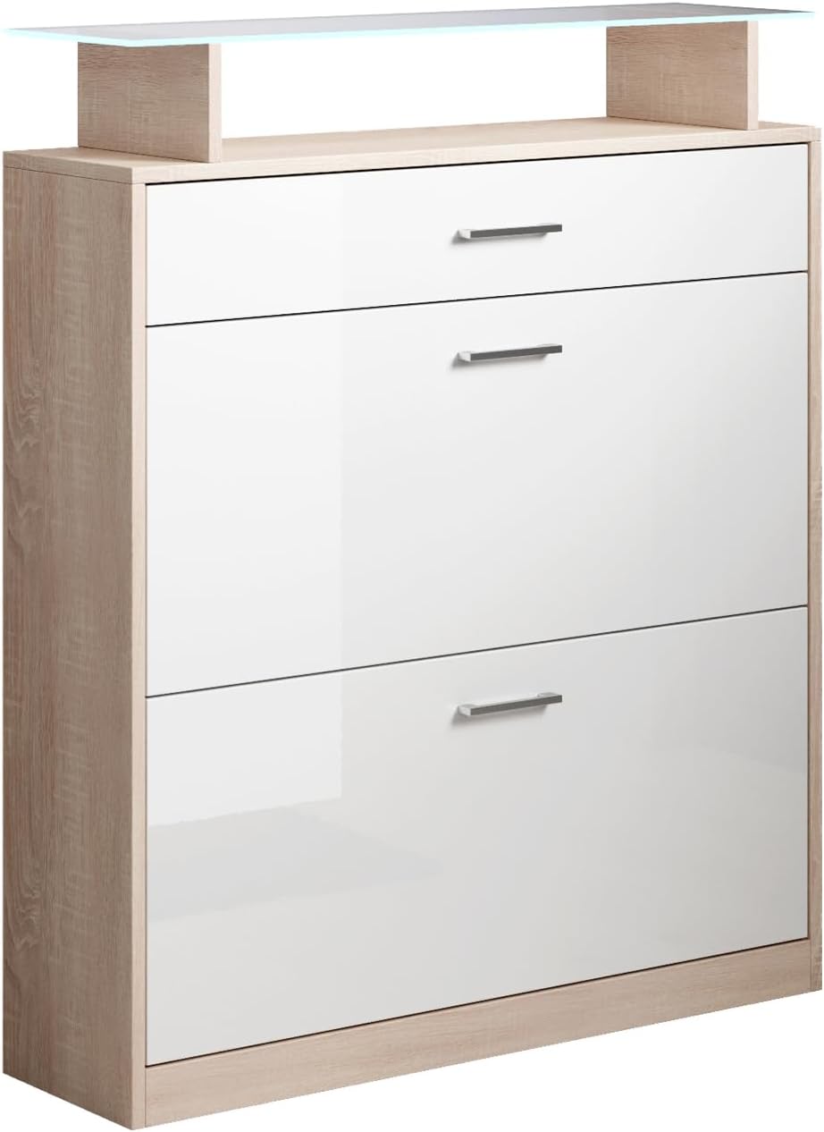 MB Muebles Bonitos | Flurmöbel mit Schuhschrank | Breite 89 x Höhe 105 x Tiefe 24 cm | Glasablage mit LED | Glänzendes Melamin | Farbe Sonoma und Weiß | Schuhregal für die tür | Modell Paola
