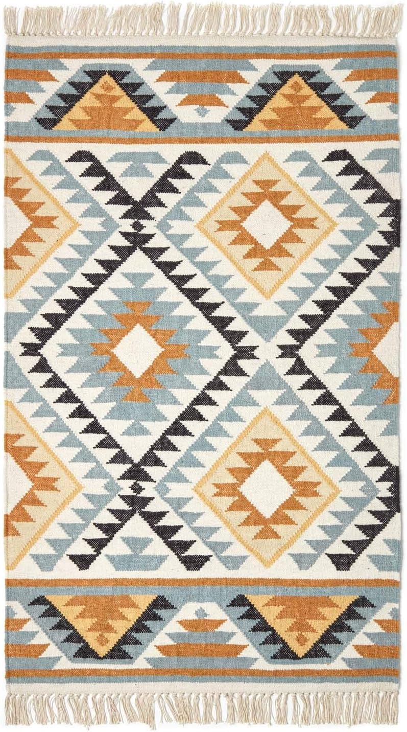 Homescapes Kelim-Teppich Agra, handgewebt aus Wolle/Baumwolle, 160 x 230 cm, bunter Wollteppich/Baumwollteppich mit geometrischem Muster und Fransen, Gold-grau-schwarz