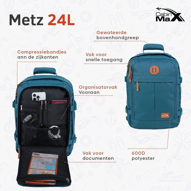 CabinMax - Metz - Reistas - Zwart - 24 Liter - Handbagage