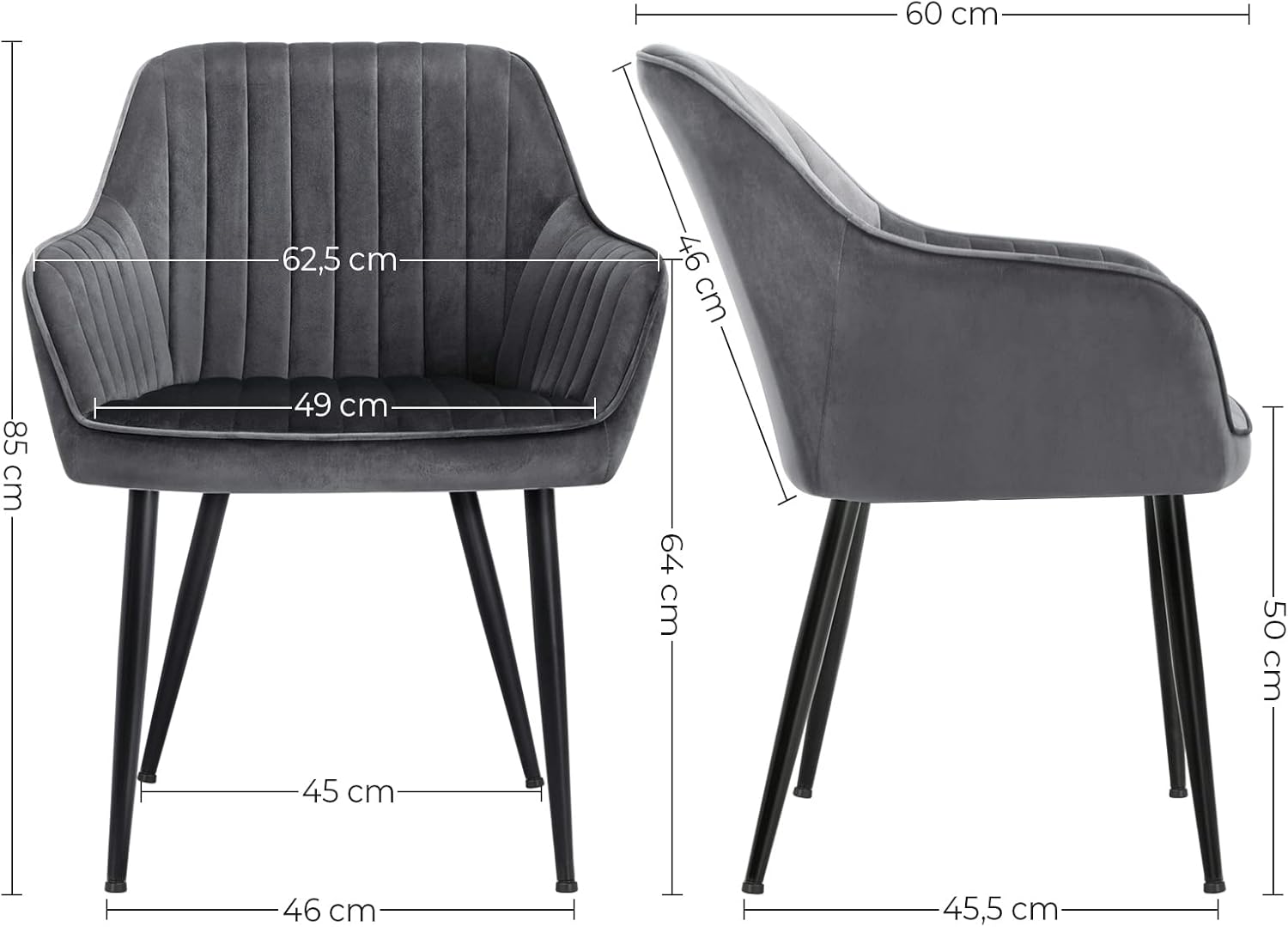 SONGMICS Esszimmerstuhl, 2er Set, Küchenstuhl, Sessel, Samt, Polsterstuhl mit Armlehnen, Loungesessel, bis 120 kg belastbar, Metallbeine, für Esszimmer, Küche, grau-tintenschwarz LDC087G02