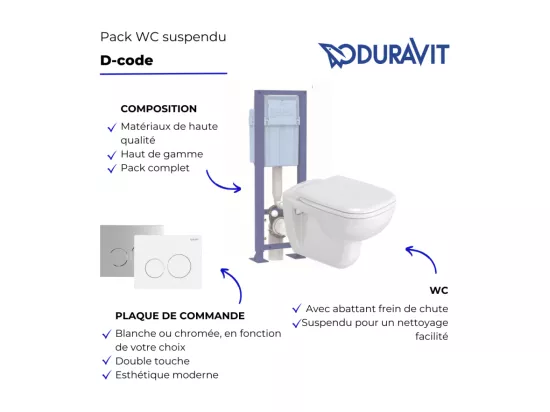 Pack WC suspendu DURAVIT D-code + bati support SIAMP + plaque + tabouret physiologique blanc