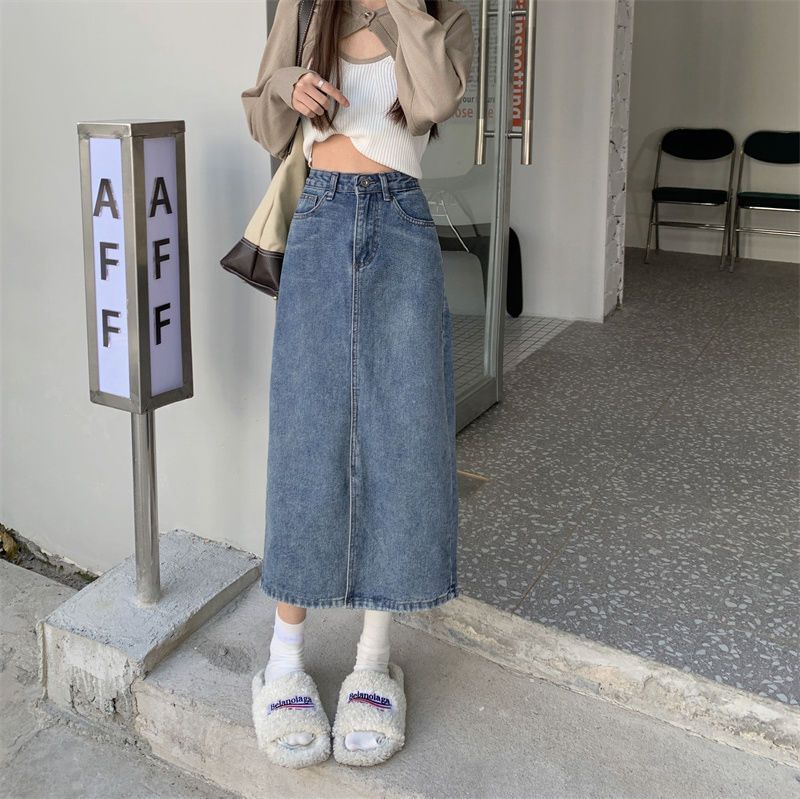 Denimot - Midi-A-lijn rok met hoge taille en split