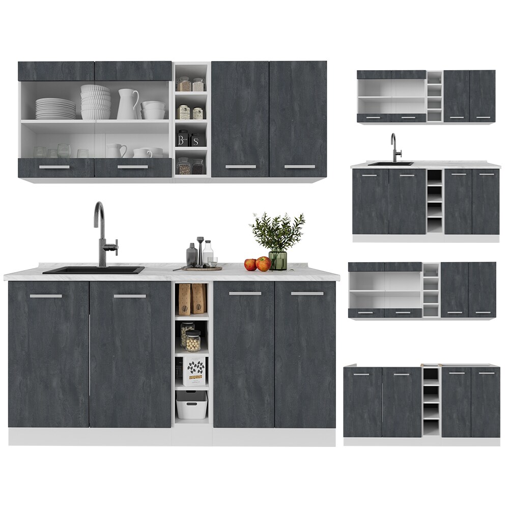 Vicco Singleküche R-Line 160 cm Schwarz Beton Weiß ohne Arbeitsplatte