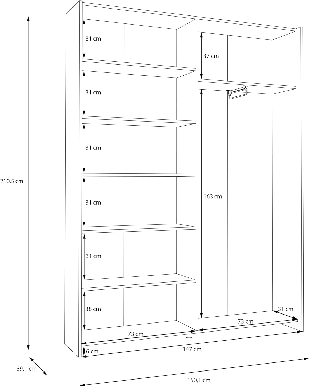 Forte Home Nook Mehrzweckschrank 150 40, moderner Schwebetürenschrank mit 2 Türen, Flur, Holzwerkstoff, Weiß, 150,1 cm breit x 210 cm hoch x 39,1 cm tief
