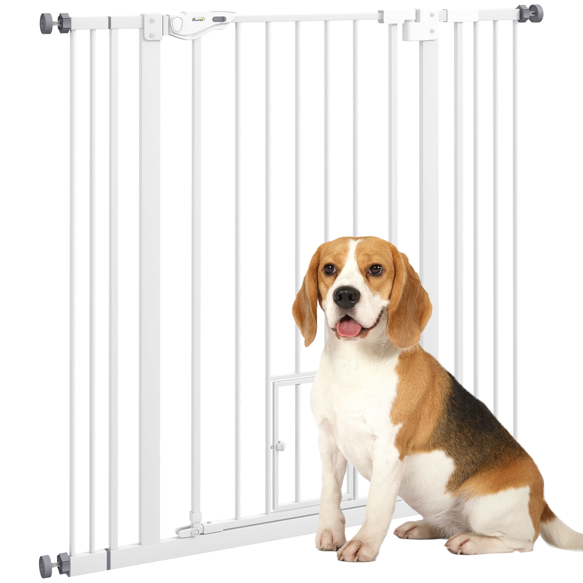 Portão de segurança para cães PawHut com 1 porta pequena, barreira extensível para animais de estimação com fechamento automático e sistema de travamento duplo para portas, corredores e escadas, 74-101 x 104,1 cm, branco