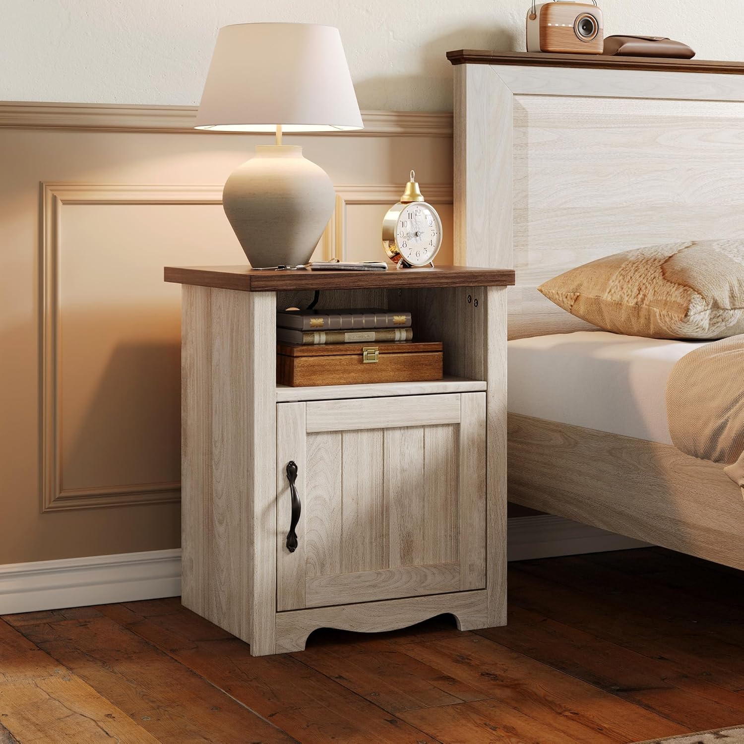 LINSY HOME Nachttisch 2er Set, 48cm Breit Holz Beistelltisch mit Steckdose, Nachtschrank für Schlafzimmer, Wohnzimmer, Couch mit USB Ports und Steckdosen, Nachttisch mit Stauraum, 48x40x60cm, Beige