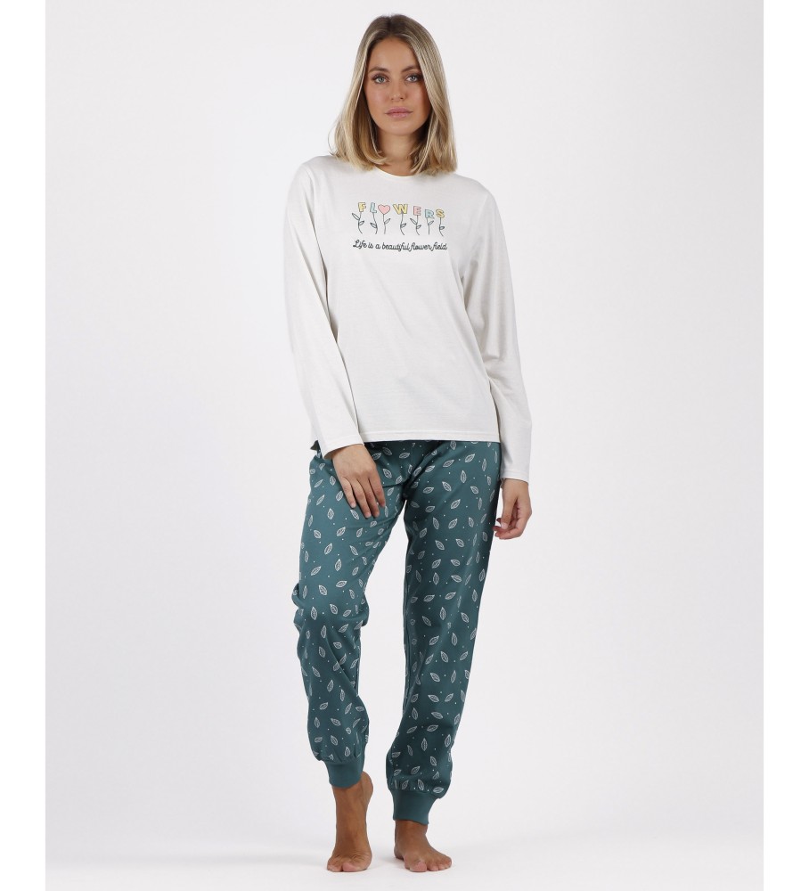 Pijama Admas de manga comprida com estampa floral bege