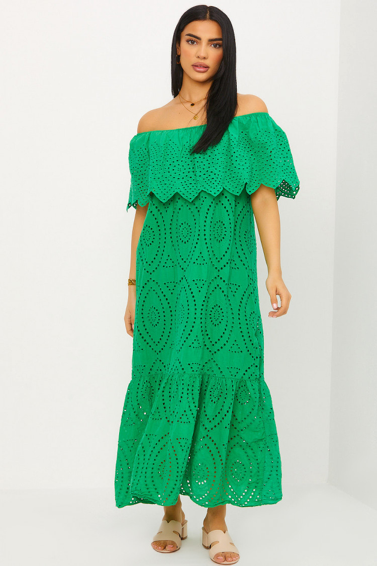 Robe verte col bardot en crochets