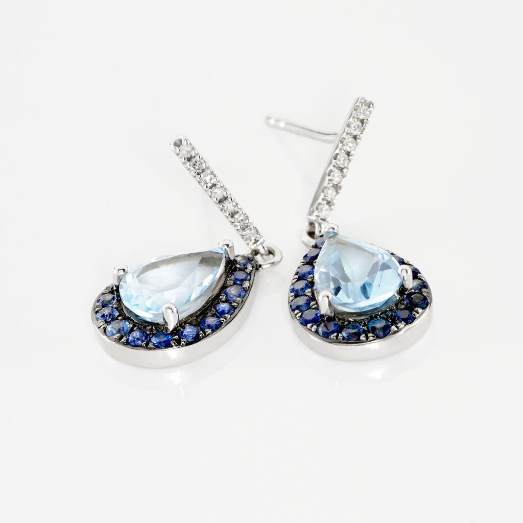 Boucles D'oreilles Puces Kenza Or Blanc Topaze Et Saphir Et Diamant