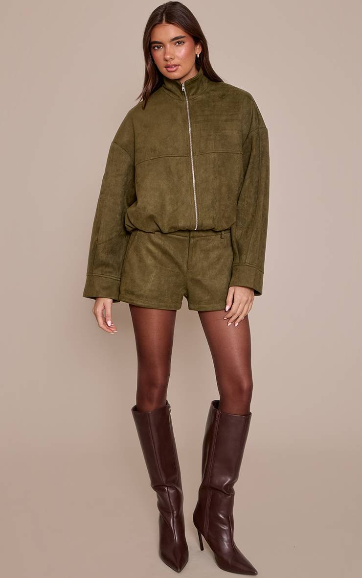 Kaki Veste Zippée À Col Montant En Synthétique
