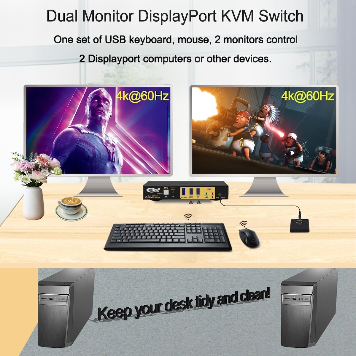 NÖRDIC KVM 2x2-svitsj Dual MST Monitor Displayport 4K60Hz