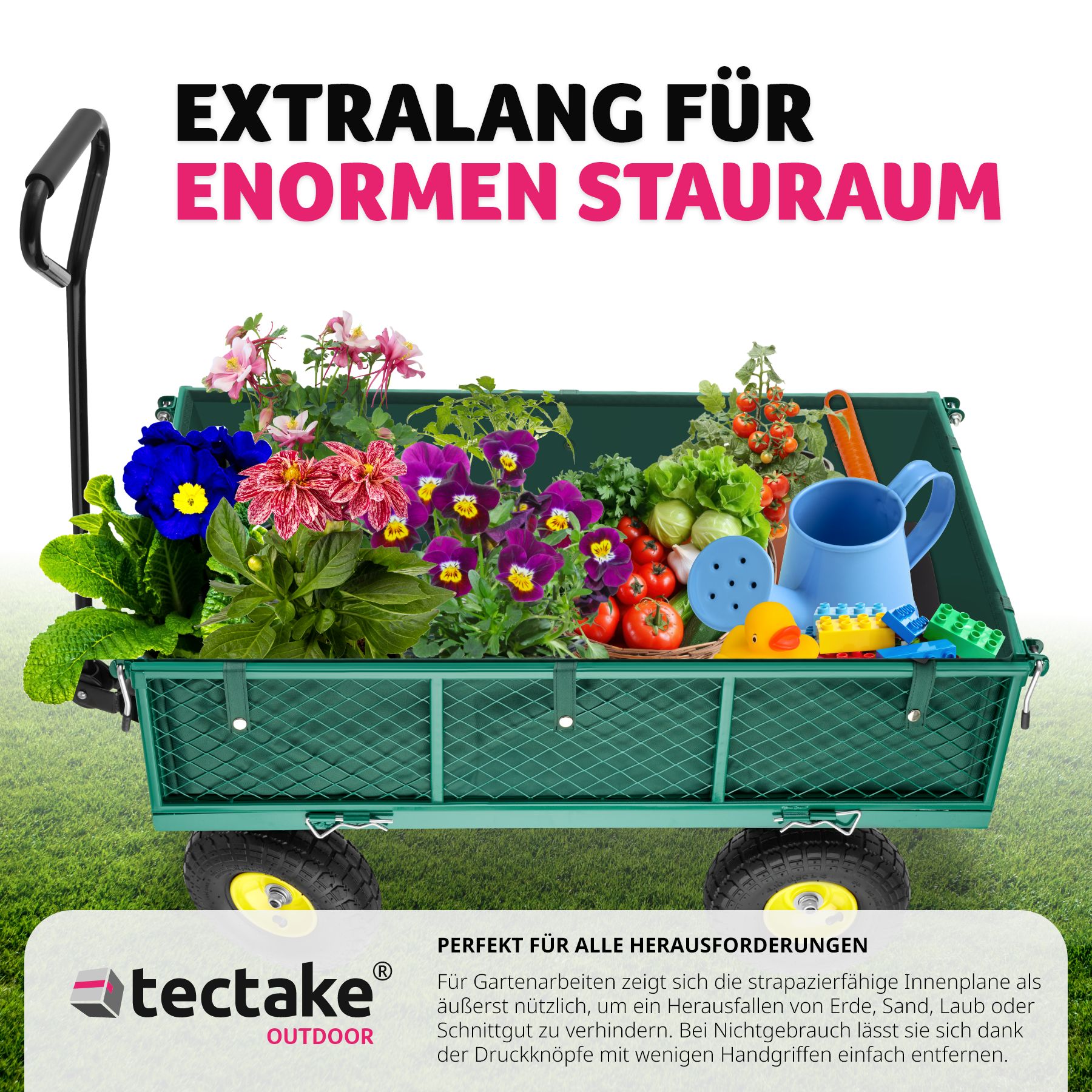 tectake® Bollerwagen, mit klappbaren Seitenwänden, leichtgängige Lenkachse mit gepolstertem Griff, Belastbarkeit 350 kg