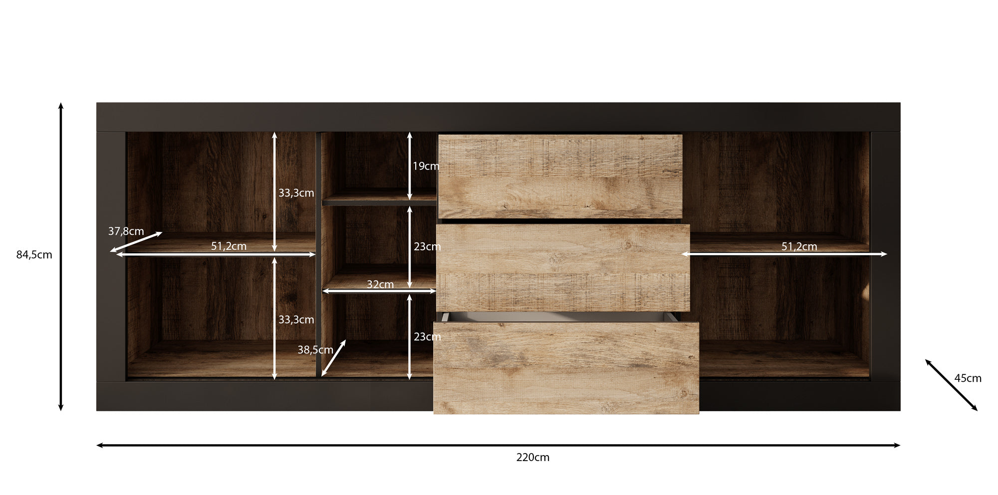 Trinidad - Dressoir - Eiken - 220x45x85 cm
