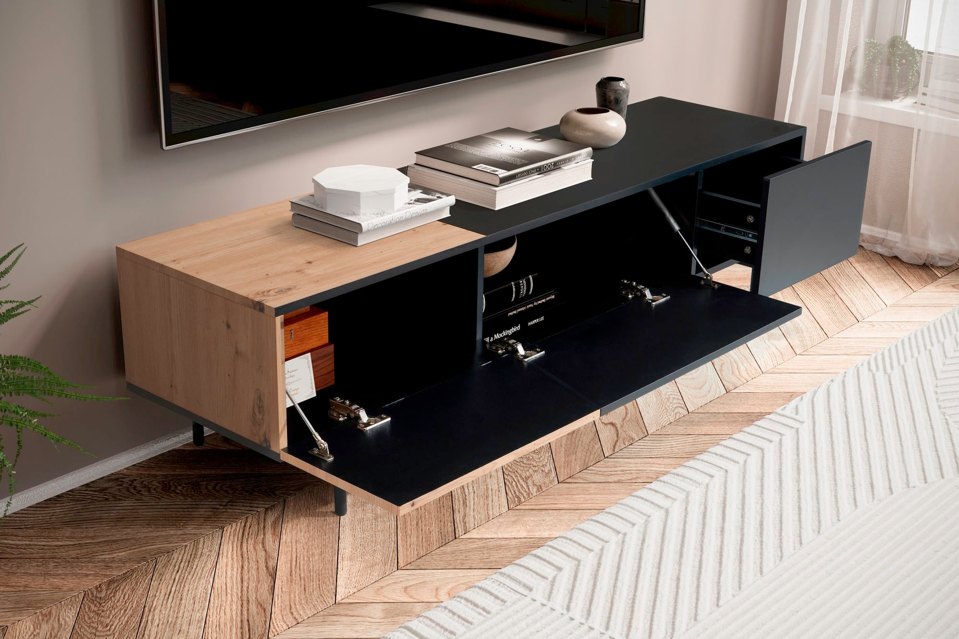 Lowboard 150 x 40 cm Eiche-Dekor/schwarz matt