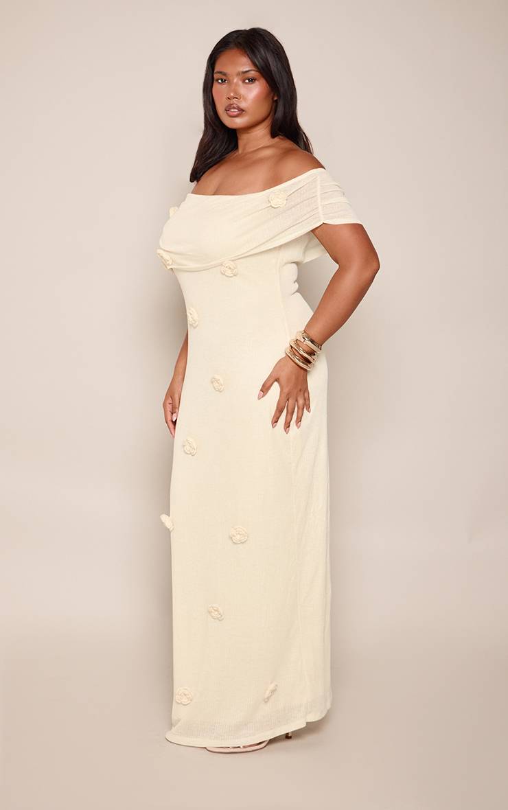 Jaune Robe Longue Grande Taille À Épaules Dénudées Avec Détails Floraux Appliqués