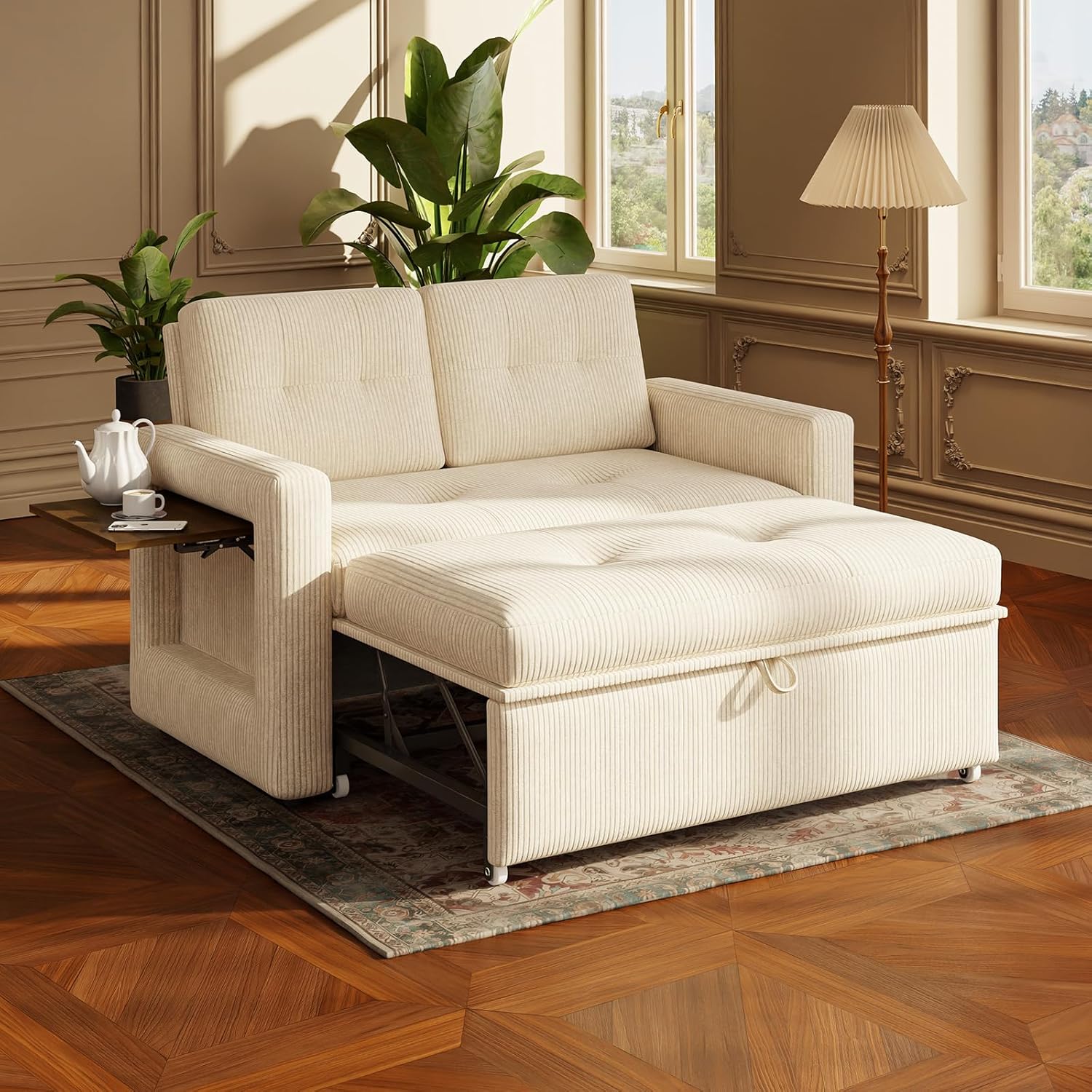 YOUDENOVA Sofa mit Schlaffunktion, Schlafsofa mit 5-stufig Verstellbarer Rückenlehne, Schlafcouch mit Bettfunktion, Couch mit Tisch & Seitentasche, 2 Sitzer Sofa Bed 177x135 cm, Cord Beige