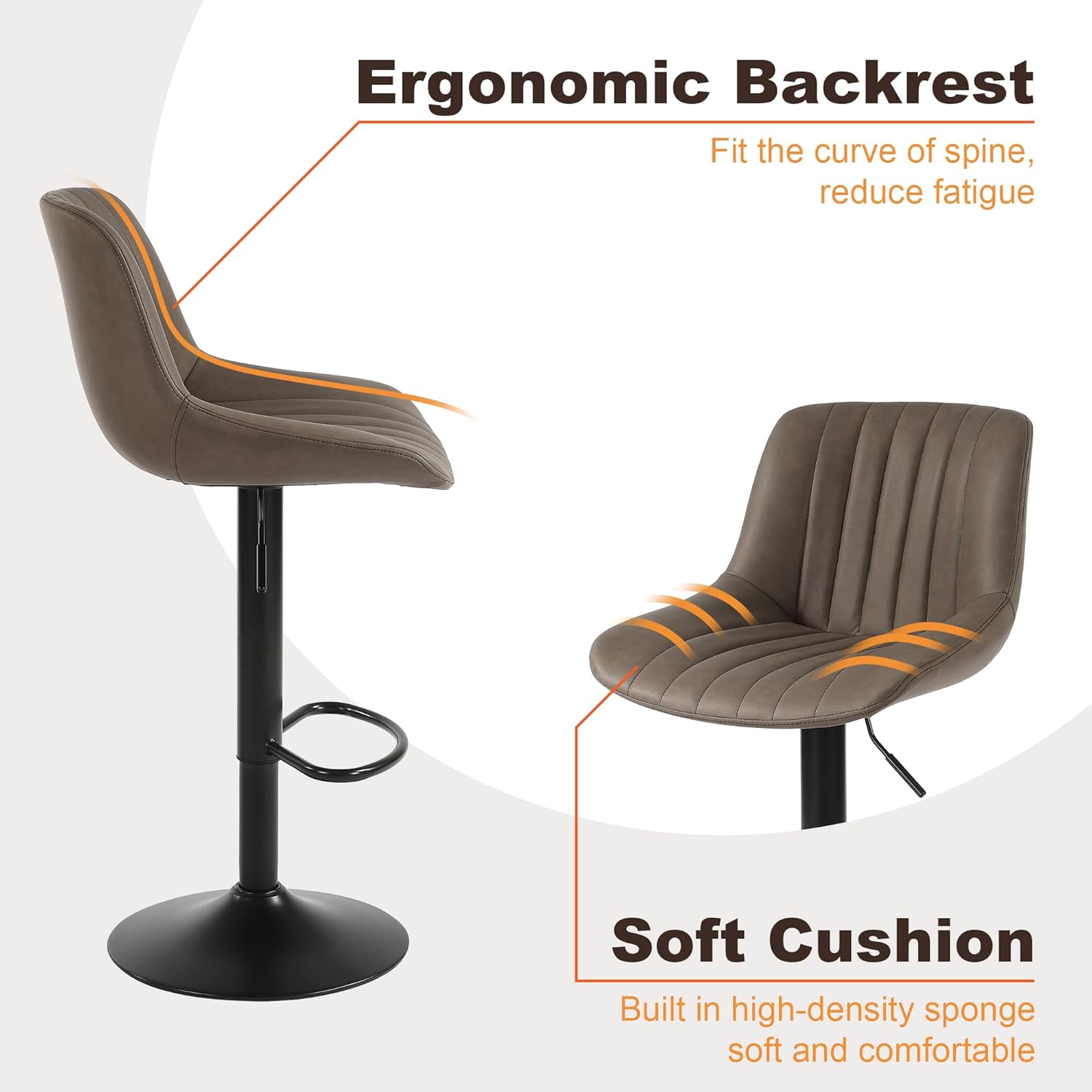 Youhauchair Barhocker 2er Set, Drehbare Barhocker mit Lehne, Höhenverstellbar aus PU-Leder, Moderner Barstuhl Küchenhocker Bar Hocker Bar Stool, Braun