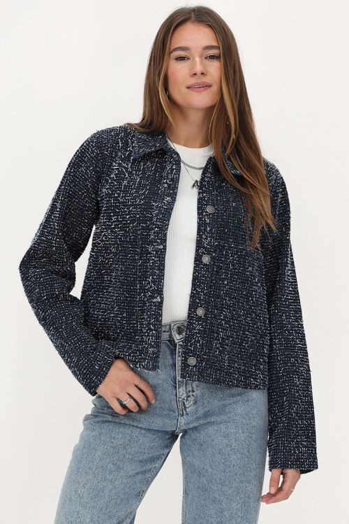 Donkerblauw bouclé denim jasje