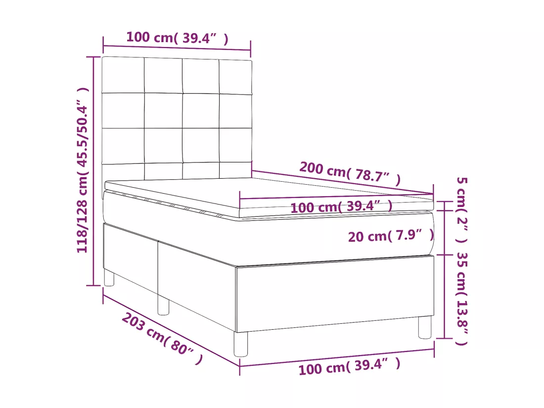 Sommier tapissier avec matelas et LED Crème 100x200 cm Tissu